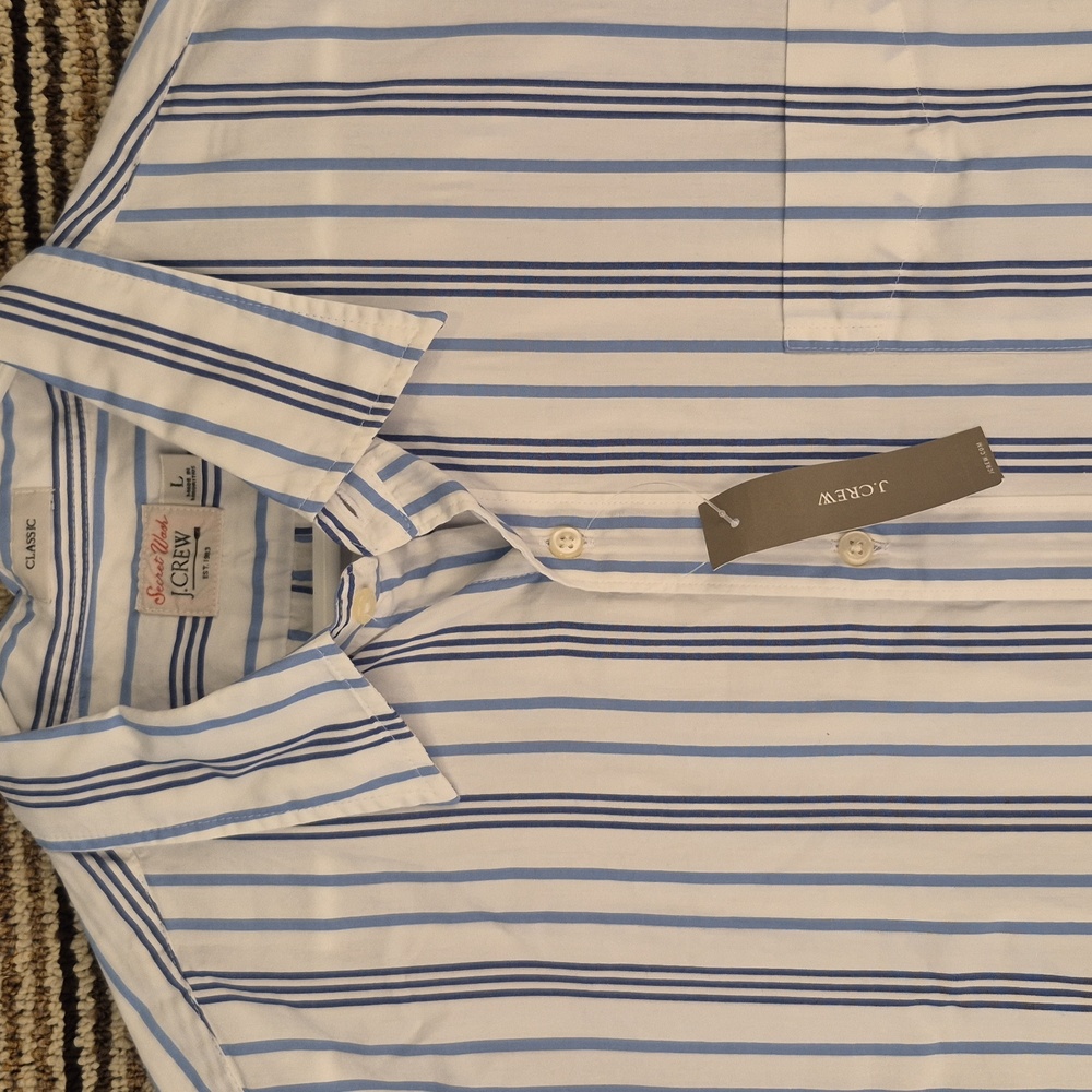 J CREW Secret Wash White Blue Striped Cotton Mens Large Short Sleeve Shirt NEW - Picture 6 of 9